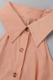 Nude Pink Sexy Solid Bandage Patchwork Buckle Fold Turndown Collar One Step Skirt Dresses