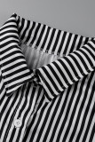 Pink Casual Striped Print Patchwork Buckle Turndown Collar Straight Rompers