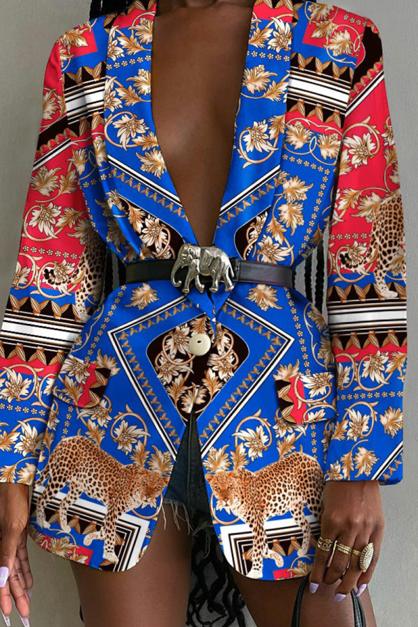 Blue Red Fashion Casual Print Patchwork Turn-back Collar Outerwear (Without Belt)