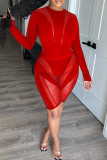 Red Fashion Sexy Solid Patchwork See-through O Neck Long Sleeve Two Pieces
