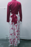 Blue Casual Print Bandage Patchwork Turndown Collar Long Sleeve Two Pieces