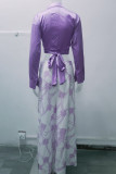 Blue Casual Print Bandage Patchwork Turndown Collar Long Sleeve Two Pieces