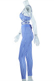 Blue Fashion Sexy Striped Print Bandage Backless Spaghetti Strap Sleeveless Two Pieces
