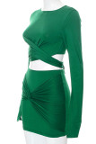Green Sexy Solid Bandage Patchwork Asymmetrical O Neck Long Sleeve Two Pieces