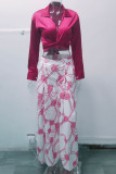 Blue Casual Print Bandage Patchwork Turndown Collar Long Sleeve Two Pieces