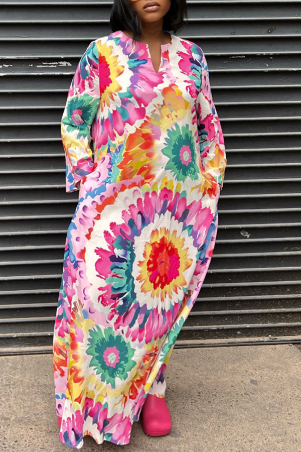 Multicolor Fashion Casual Print Tie-dye V Neck Long Sleeve Dresses