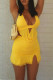 Yellow Fashion Sexy Solid Hollowed Out Backless Halter Sleeveless Two Pieces