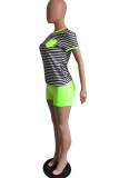 Fluorescent Green Fashion Casual Striped Print Patchwork O Neck Short Sleeve Two Pieces