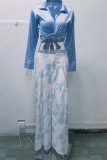 Blue Casual Print Bandage Patchwork Turndown Collar Long Sleeve Two Pieces
