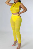 Yellow Fashion Sexy Casual Solid Patchwork See-through O Neck Sleeveless Two Pieces