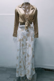 Blue Casual Print Bandage Patchwork Turndown Collar Long Sleeve Two Pieces