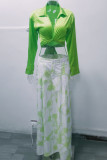 Blue Casual Print Bandage Patchwork Turndown Collar Long Sleeve Two Pieces