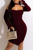 Burgundy Fashion Sexy Solid Patchwork Backless Off the Shoulder Long Sleeve Dresses