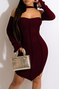 Burgundy Fashion Sexy Solid Patchwork Backless Off the Shoulder Long Sleeve Dresses