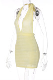 Yellow Fashion Sexy Solid Bandage Backless Halter Sleeveless Dress