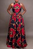 Red Fashion Vintage Print Patchwork O Neck Sleeveless Dress