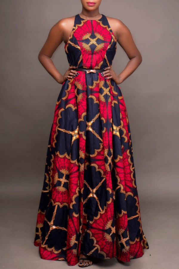 Red Fashion Vintage Print Patchwork O Neck Sleeveless Dress