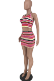 Red Sexy Striped Patchwork Halter Sleeveless Two Pieces