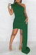 Dark Green Fashion Solid Patchwork One Shoulder Pencil Skirt Dresses