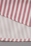 Pink Casual Striped Print Patchwork Buckle Turndown Collar Straight Rompers