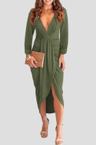 Army Green Fashion Casual Solid Patchwork Long Sleeve Dresses