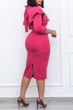 Rose Red Fashion Casual Solid Patchwork Slit Turtleneck Long Sleeve Dresses