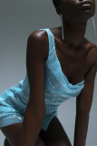 Blue Fashion Sexy Patchwork Sequins See-through Backless One Shoulder Sleeveless Dress