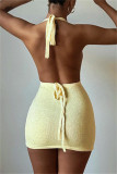 Yellow Fashion Sexy Solid Bandage Backless Halter Sleeveless Dress
