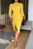 Yellow Fashion Casual Solid Patchwork Slit O Neck Long Sleeve Dresses