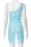 Blue Fashion Sexy Patchwork Sequins See-through Backless One Shoulder Sleeveless Dress