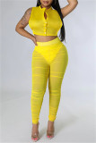 Yellow Fashion Sexy Casual Solid Patchwork See-through O Neck Sleeveless Two Pieces