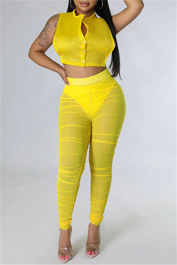 Yellow Fashion Sexy Casual Solid Patchwork See-through O Neck Sleeveless Two Pieces