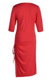 Red Fashion Casual Solid Patchwork Slit Fold O Neck Long Sleeve Dresses