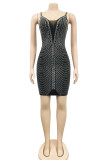 Red Fashion Sexy Patchwork Hot Drilling Backless Spaghetti Strap Sleeveless Dress