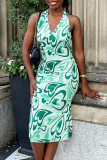 Green Sexy Print Patchwork Halter Dresses