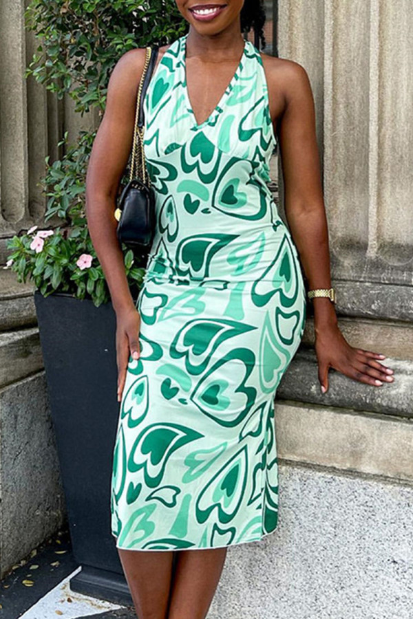 Green Sexy Print Patchwork Halter Dresses