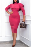 Rose Red Fashion Casual Solid Patchwork Slit Turtleneck Long Sleeve Dresses