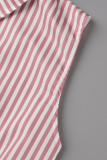 Pink Casual Striped Print Patchwork Buckle Turndown Collar Straight Rompers