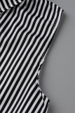 Pink Casual Striped Print Patchwork Buckle Turndown Collar Straight Rompers