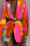 Multicolor Fashion Casual Print Patchwork Turn-back Collar Outerwear (Without Belt)