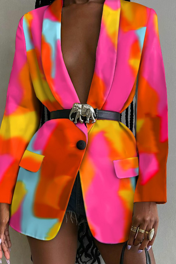 Multicolor Fashion Casual Print Patchwork Turn-back Collar Outerwear (Without Belt)