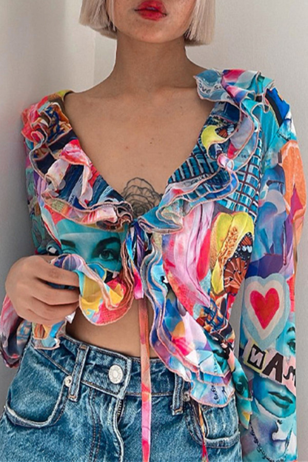 Colour Fashion Casual Print Patchwork Frenulum V Neck Tops