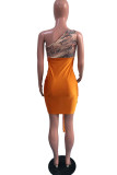 Yellow Fashion Sexy Print Hollowed Out Patchwork Backless One Shoulder Sleeveless Dress
