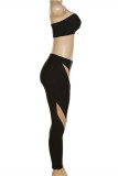 Black Fashion Sexy Solid Patchwork See-through Backless Strapless Sleeveless Two Pieces