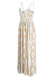 White Fashion Sexy Print Backless Spaghetti Strap Long Dress