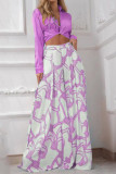 Blue Casual Print Bandage Patchwork Turndown Collar Long Sleeve Two Pieces