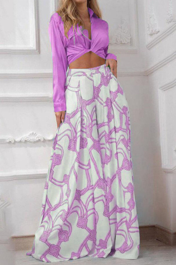 Purple Casual Print Bandage Patchwork Turndown Collar Long Sleeve Two Pieces