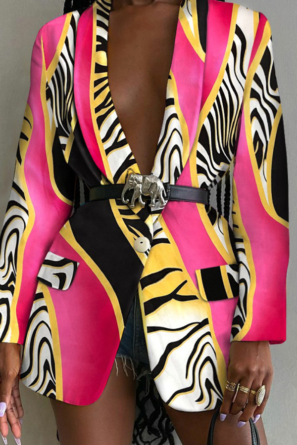 Rose Red Fashion Casual Print Patchwork Turn-back Collar Outerwear (Without Belt)