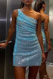 Blue Fashion Sexy Patchwork Sequins See-through Backless One Shoulder Sleeveless Dress