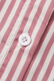 Pink Casual Striped Print Patchwork Buckle Turndown Collar Straight Rompers